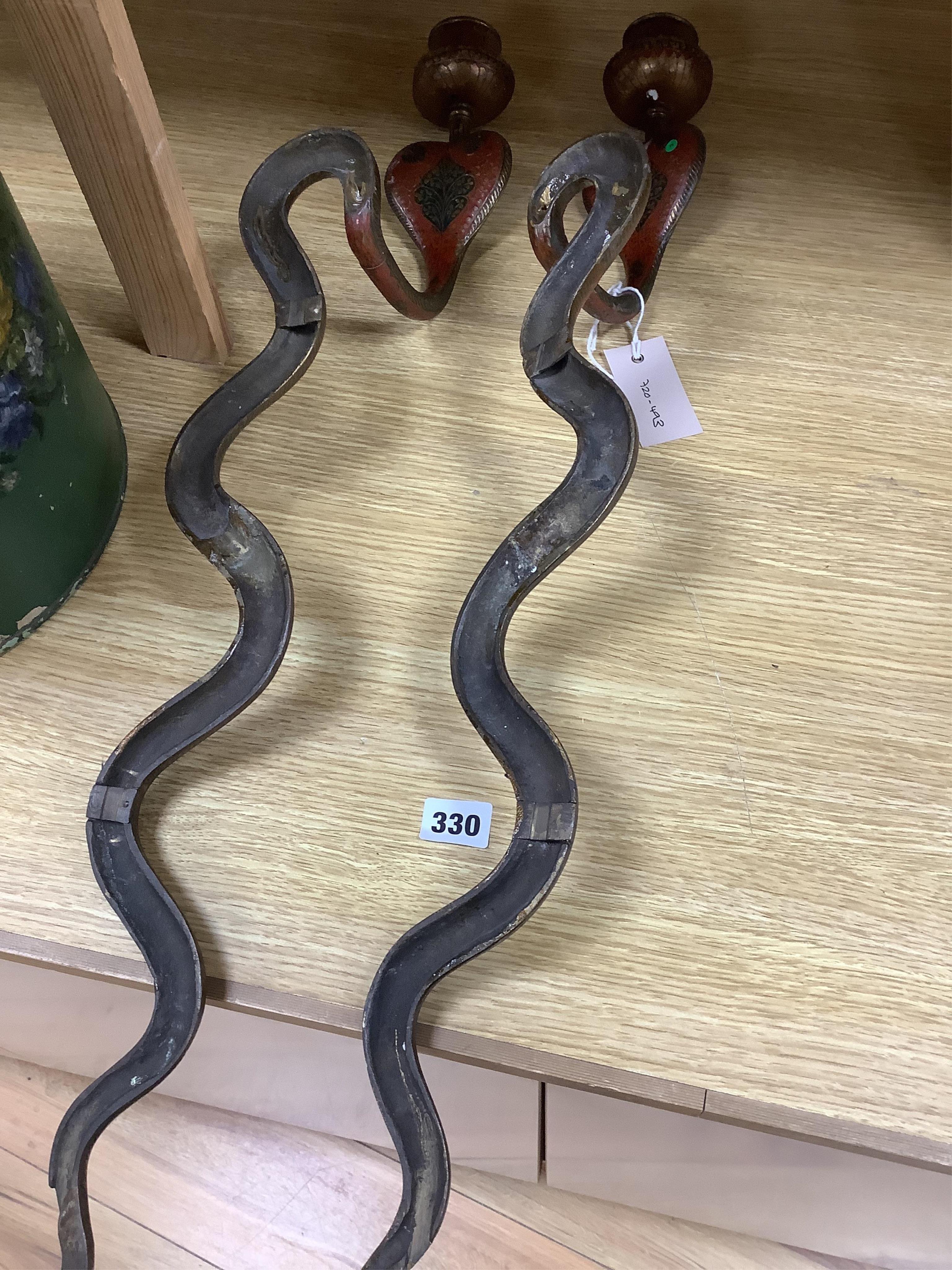 A pair of Indian Benares enamelled brass cobra wall sconces, 79cm high. Condition - lower end of tail on one chipped